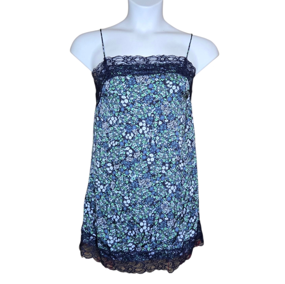 NEW Aerie dark floral shine satin‎ lace hem coquette slip mini dress S